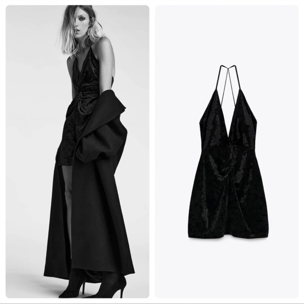 Zara Festive Season Black Velvet Strappy V Neck Mini Dress Small - Picture 2 of 7